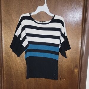 Cable & Gauge Black White and Teal Striped Knit Pullover